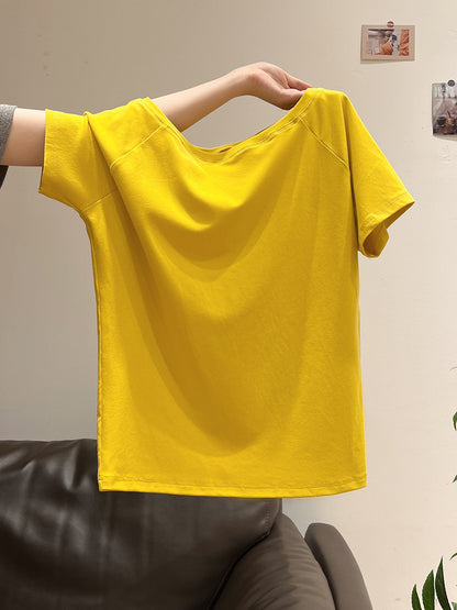 Women's Off-the-Shoulder Loose Solid Color Short-Sleeve T-Shirt