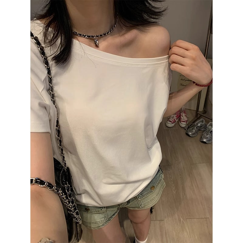 Women's Off-the-Shoulder Loose Solid Color Short-Sleeve T-Shirt