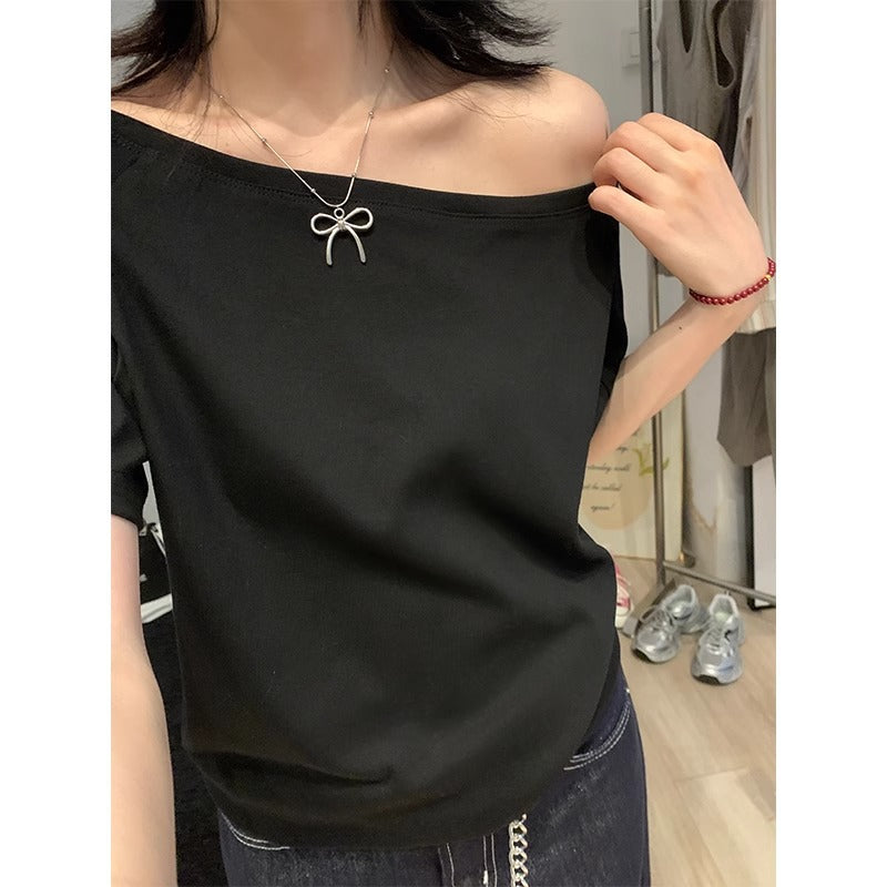 Women's Off-the-Shoulder Loose Solid Color Short-Sleeve T-Shirt