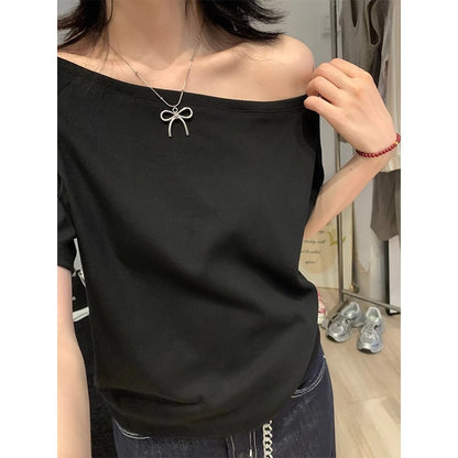 Women's Off-the-Shoulder Loose Solid Color Short-Sleeve T-Shirt