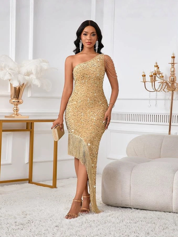 Women's One-Shoulder Crystal Tassel Sequin Dress Evening Gown
