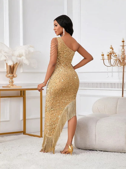 Women's One-Shoulder Crystal Tassel Sequin Dress Evening Gown