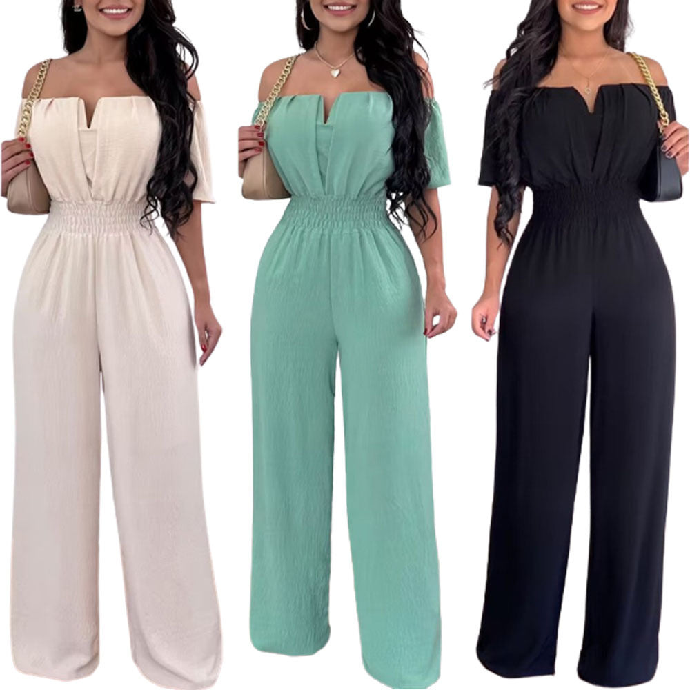 Women's One-Shoulder V-Neck Straight Jumpsuit