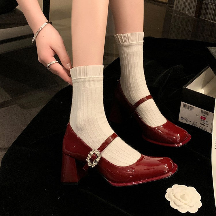 Women's Patent Leather Mary Jane Shoes with Rhinestone Buckle