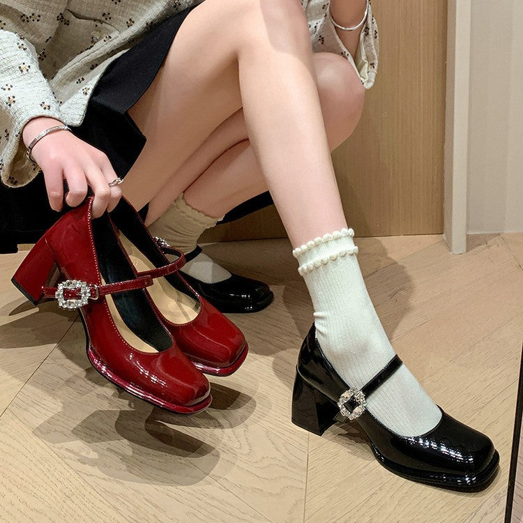 Women's Patent Leather Mary Jane Shoes with Rhinestone Buckle