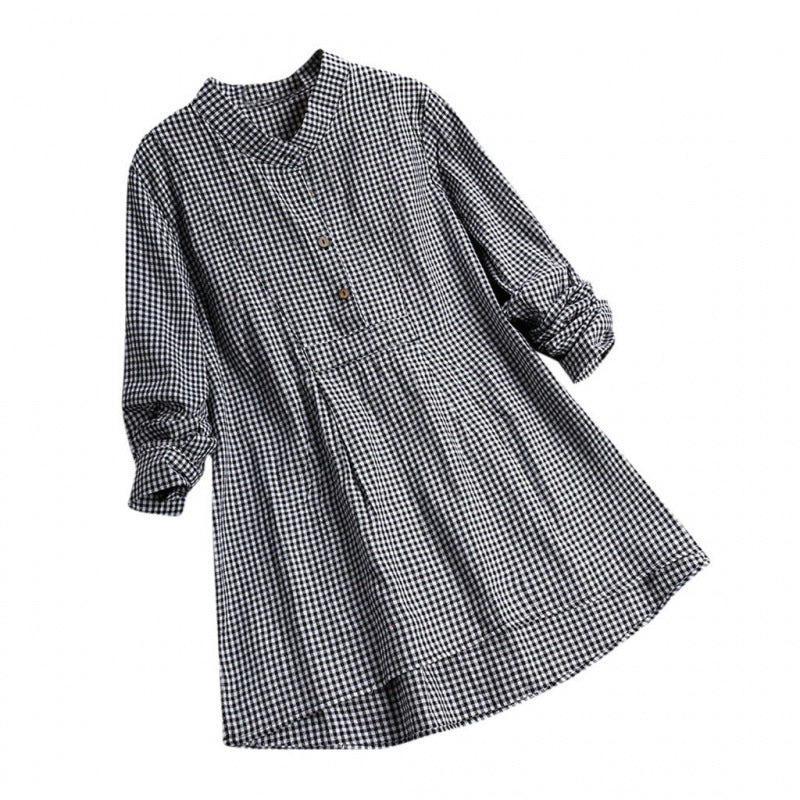 Women's Plaid Stand Collar Long Sleeve Shirt