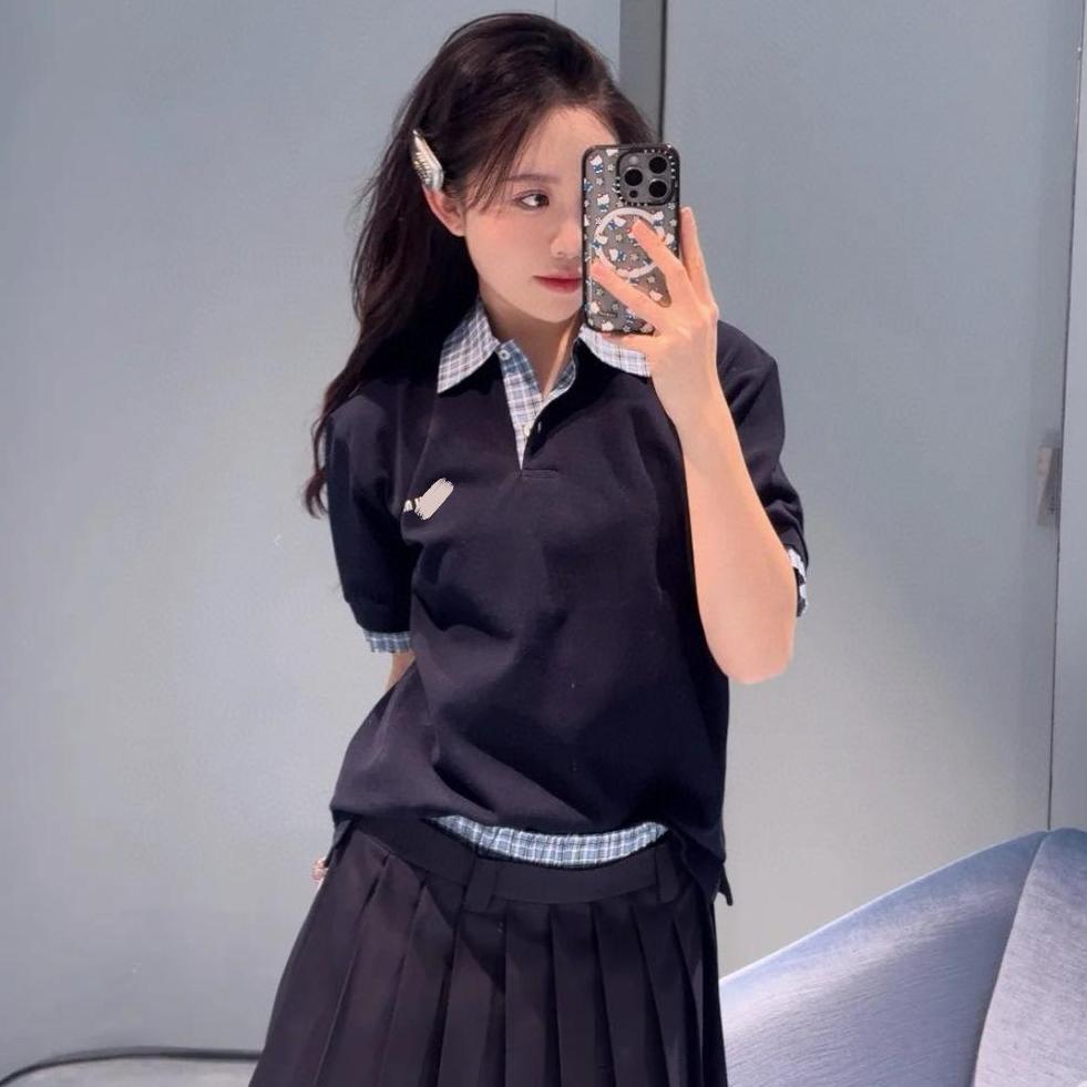 Women's Plaid Stitching Logo Polo Shirt Short-Sleeved T-Shirt Top