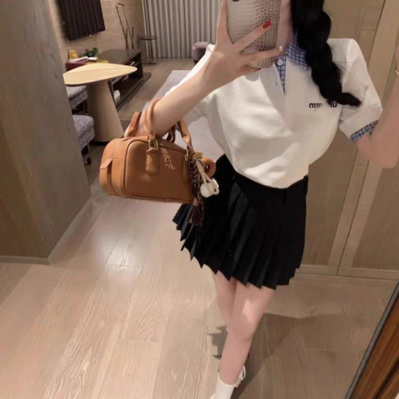 Women's Plaid Stitching Logo Polo Shirt Short-Sleeved T-Shirt Top