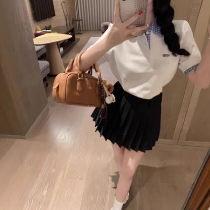 Women's Plaid Stitching Logo Polo Shirt Short-Sleeved T-Shirt Top