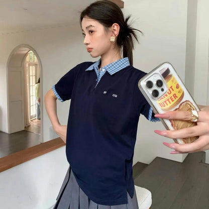 Women's Plaid Stitching Logo Polo Shirt Short-Sleeved T-Shirt Top