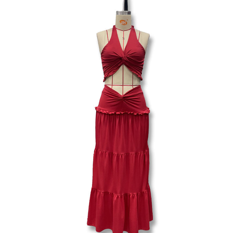 Women's Pleated Halter Top and Ruffled Skirt