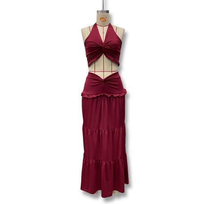 Women's Pleated Halter Top and Ruffled Skirt
