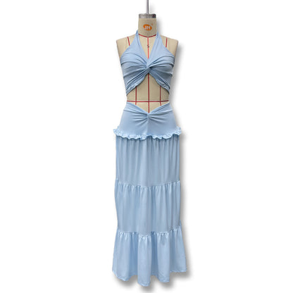 Women's Pleated Halter Top and Ruffled Skirt