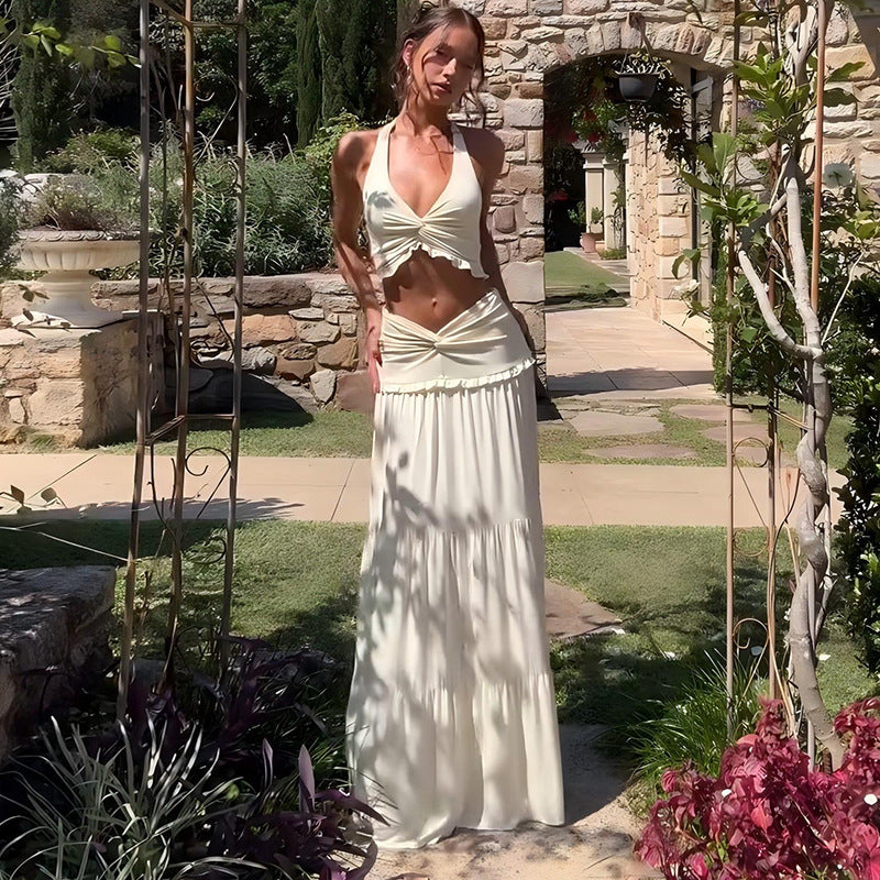 Women's Pleated Halter Top and Ruffled Skirt