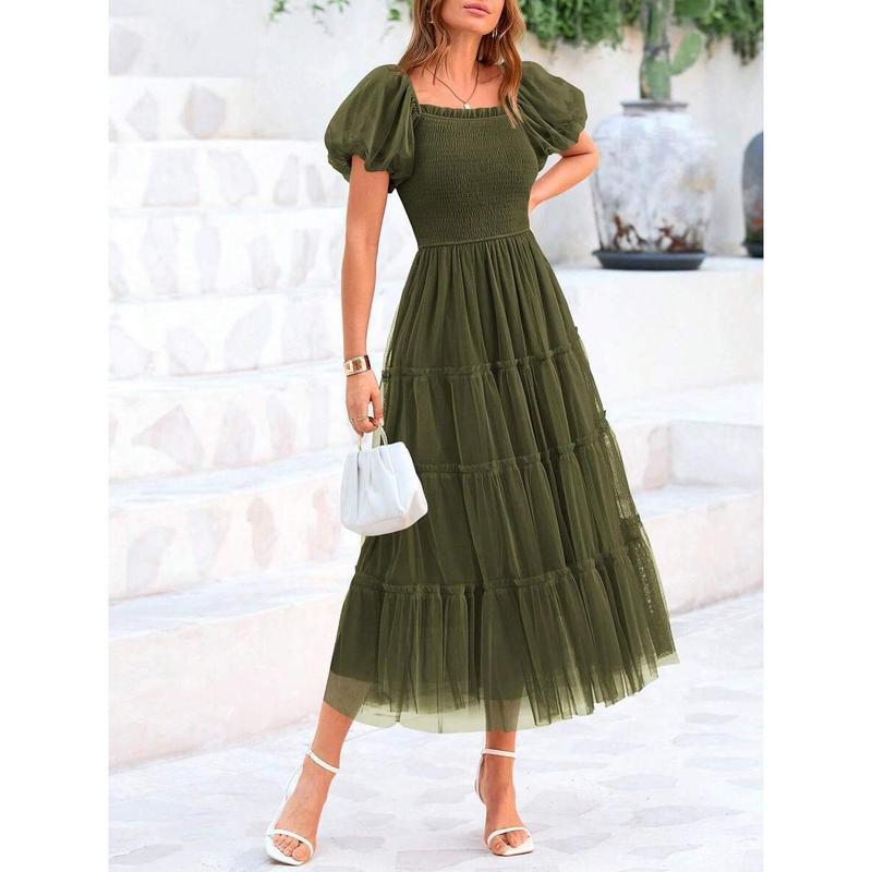 Women's Pleated Tulle Dress with Puff Sleeves