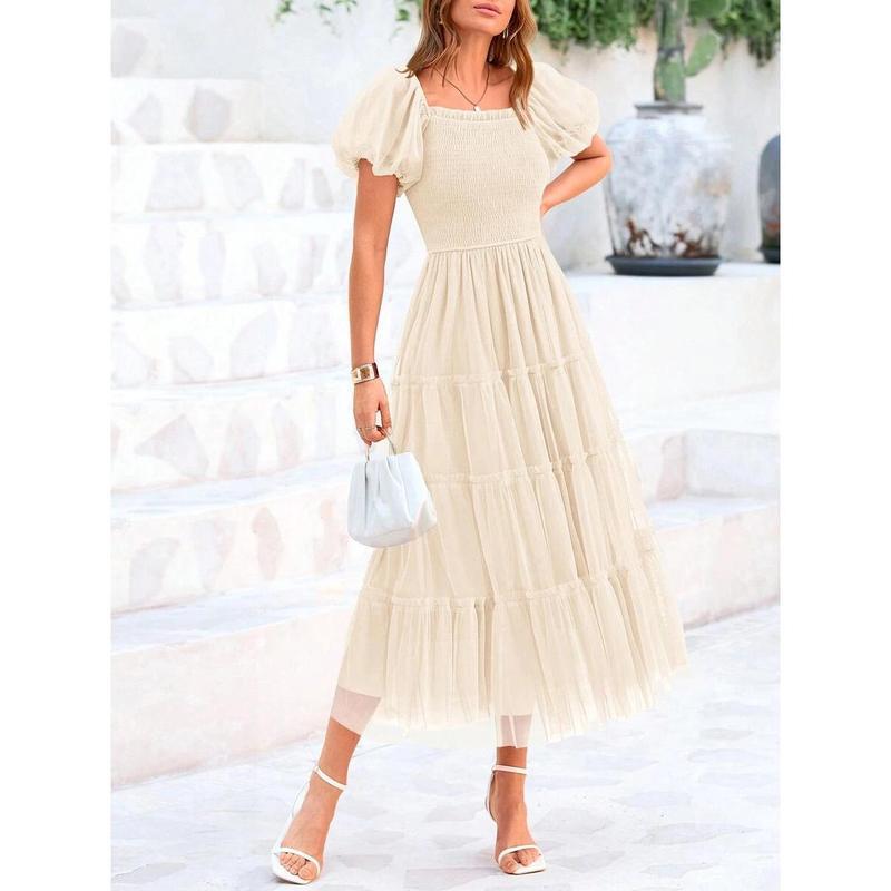 Women's Pleated Tulle Dress with Puff Sleeves