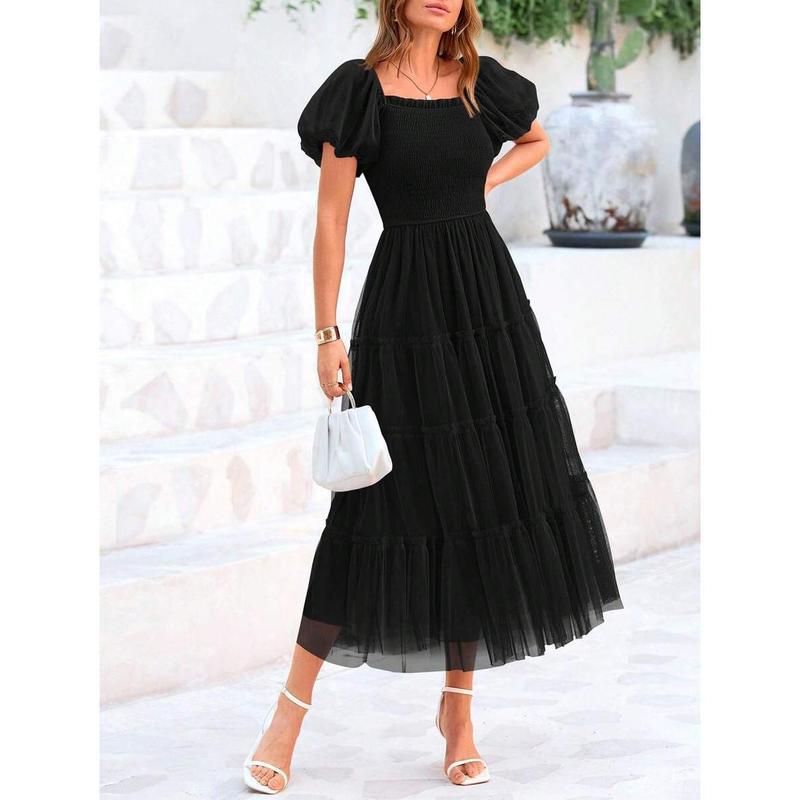 Women's Pleated Tulle Dress with Puff Sleeves