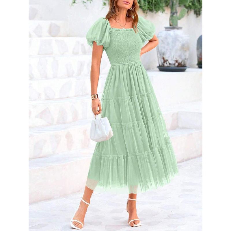 Women's Pleated Tulle Dress with Puff Sleeves