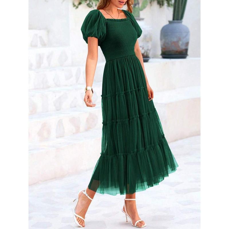 Women's Pleated Tulle Dress with Puff Sleeves