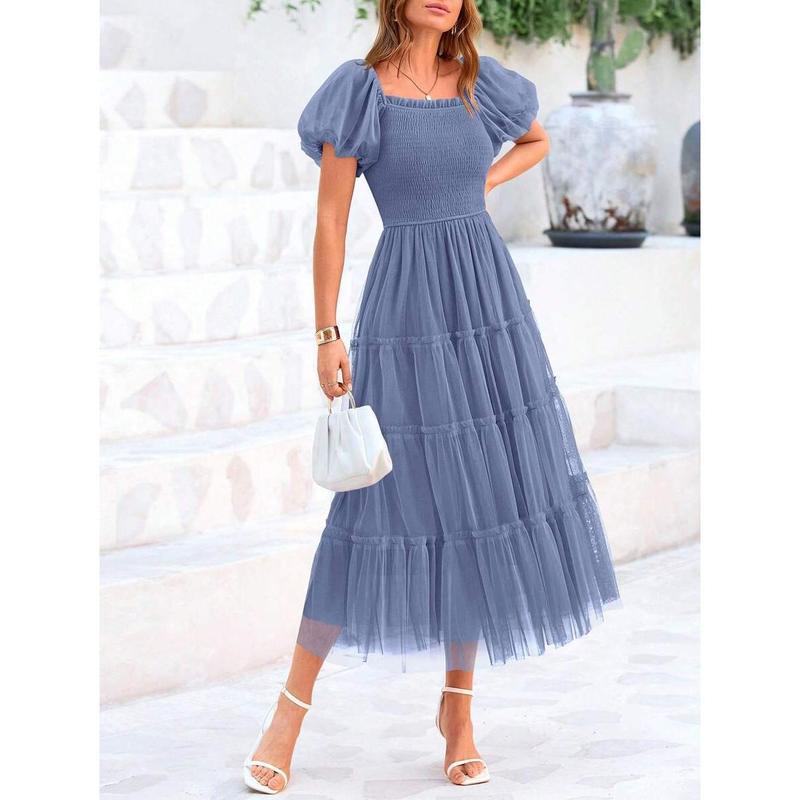Women's Pleated Tulle Dress with Puff Sleeves