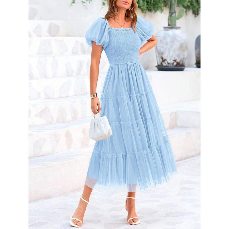Women's Pleated Tulle Dress with Puff Sleeves