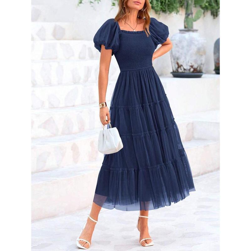 Women's Pleated Tulle Dress with Puff Sleeves