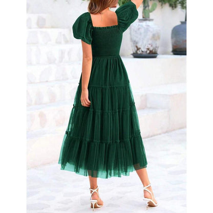 Women's Pleated Tulle Dress with Puff Sleeves