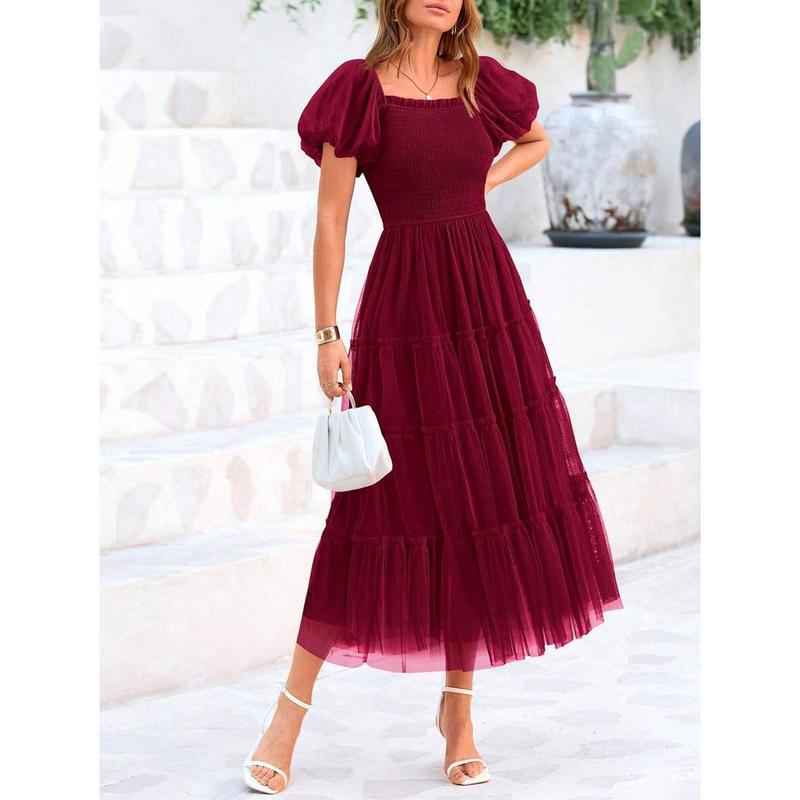 Women's Pleated Tulle Dress with Puff Sleeves