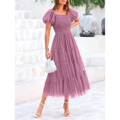 Women's Pleated Tulle Dress with Puff Sleeves