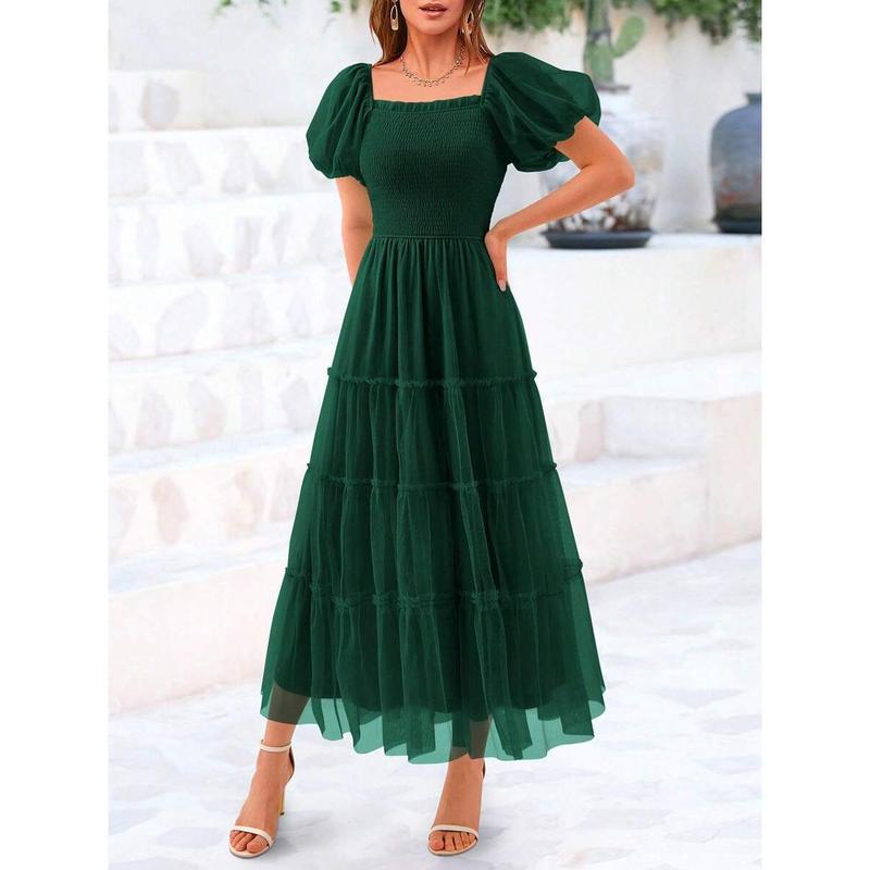 Women's Pleated Tulle Dress with Puff Sleeves