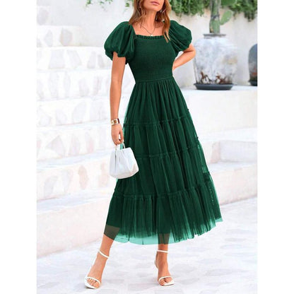Women's Pleated Tulle Dress with Puff Sleeves