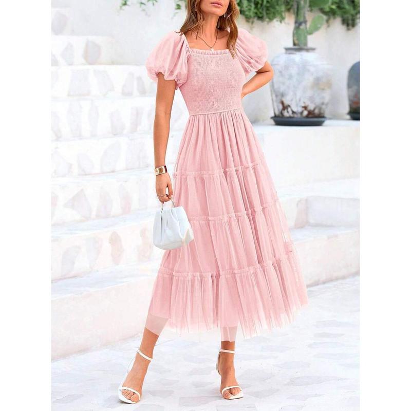 Women's Pleated Tulle Dress with Puff Sleeves