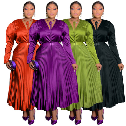 Women's Plus Size Long Sleeve Pleated Skirt Suit with Lace-Up Detail