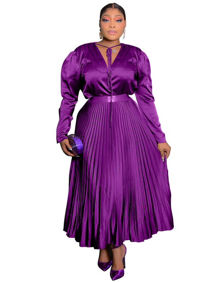 Women's Plus Size Long Sleeve Pleated Skirt Suit with Lace-Up Detail