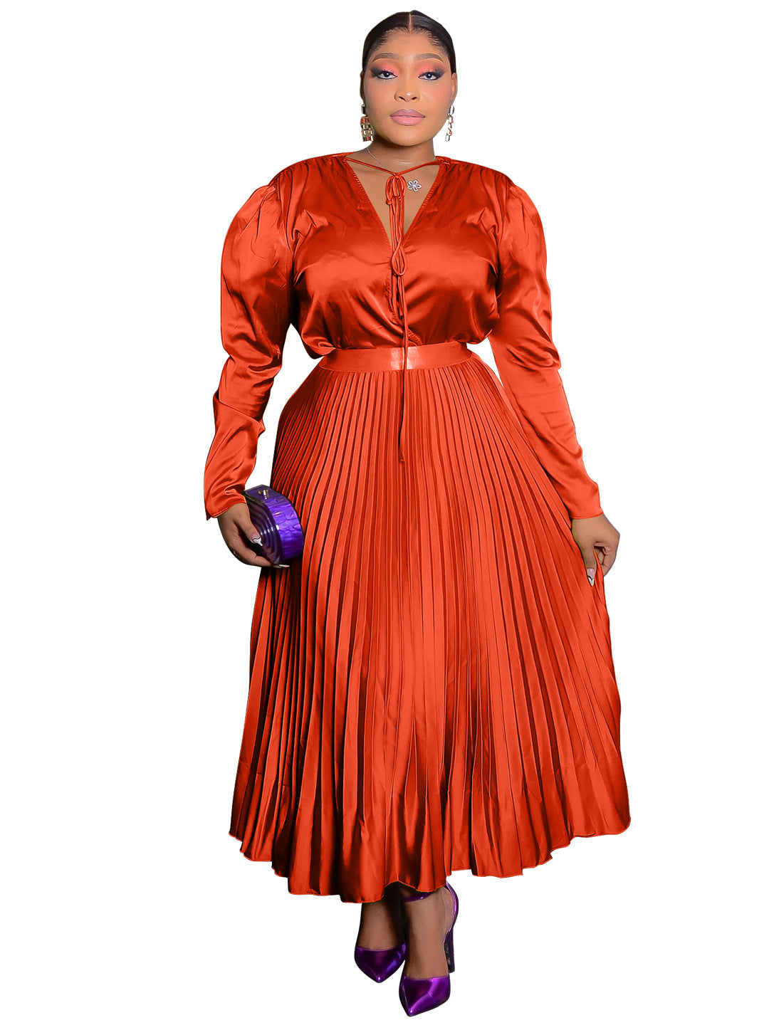 Women's Plus Size Long Sleeve Pleated Skirt Suit with Lace-Up Detail