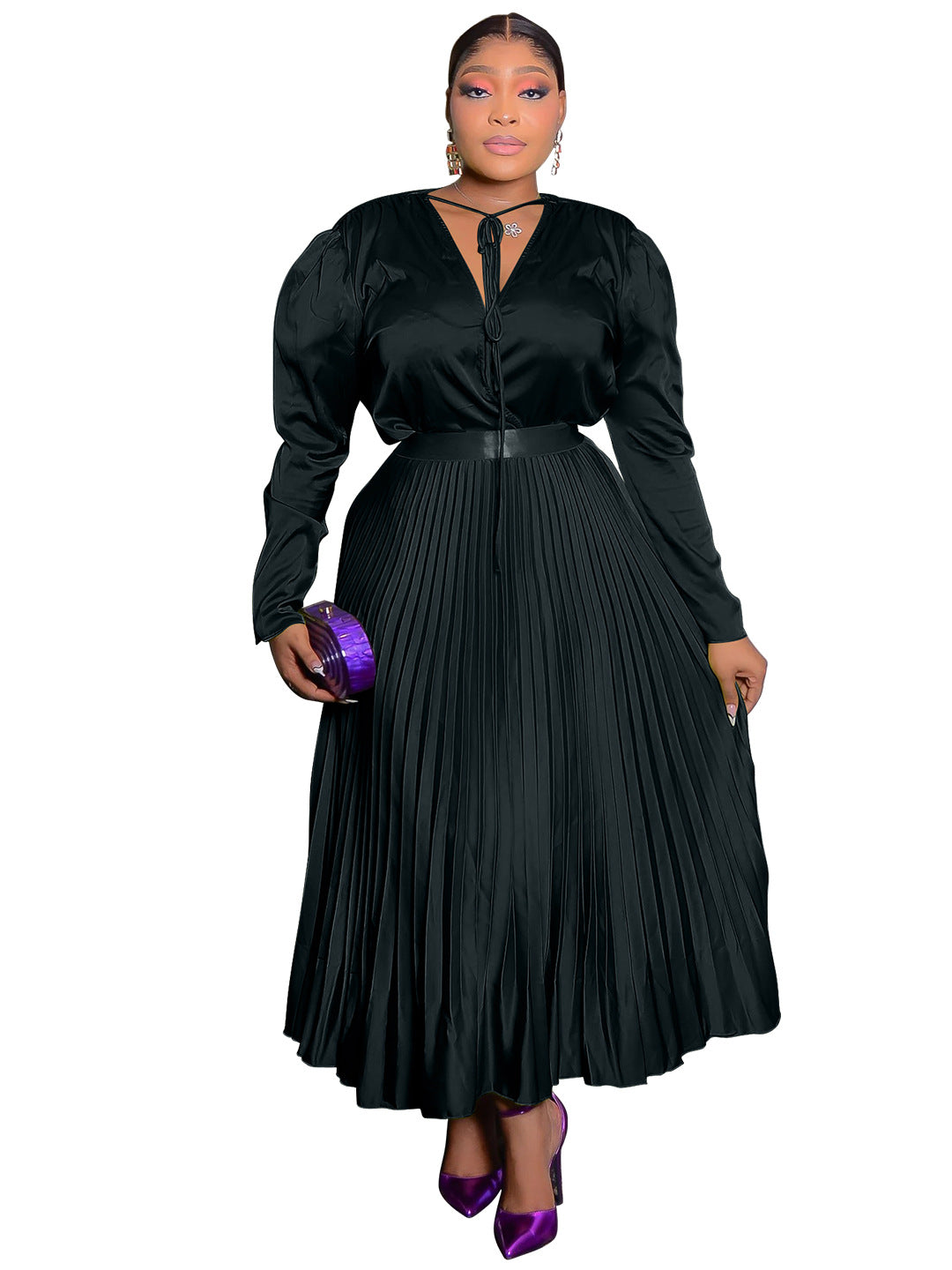 Women's Plus Size Long Sleeve Pleated Skirt Suit with Lace-Up Detail
