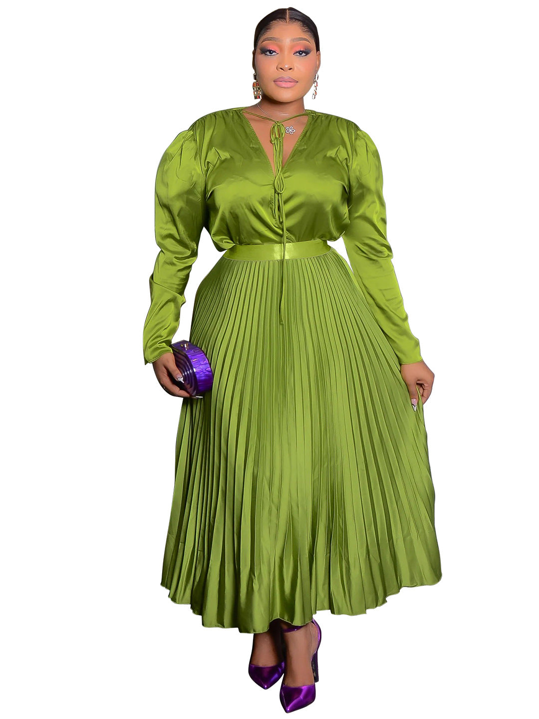 Women's Plus Size Long Sleeve Pleated Skirt Suit with Lace-Up Detail