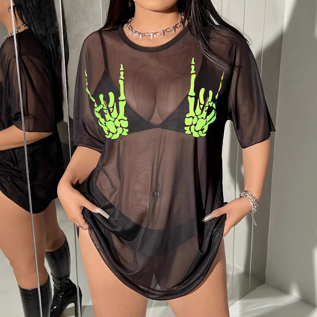 Women's Plus Size Skull Handprint Sheer Beach Cover-Up