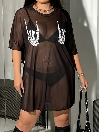 Women's Plus Size Skull Handprint Sheer Beach Cover-Up