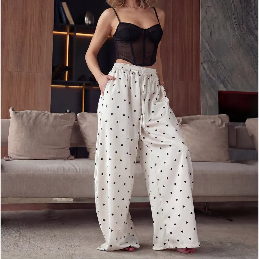 Women's Polka Dot Wide Leg Pants with Drawstring Waist