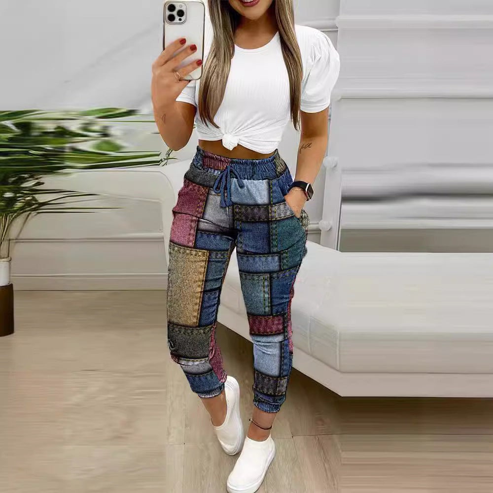 Women's Printed Drawstring Pants Two-Piece Set