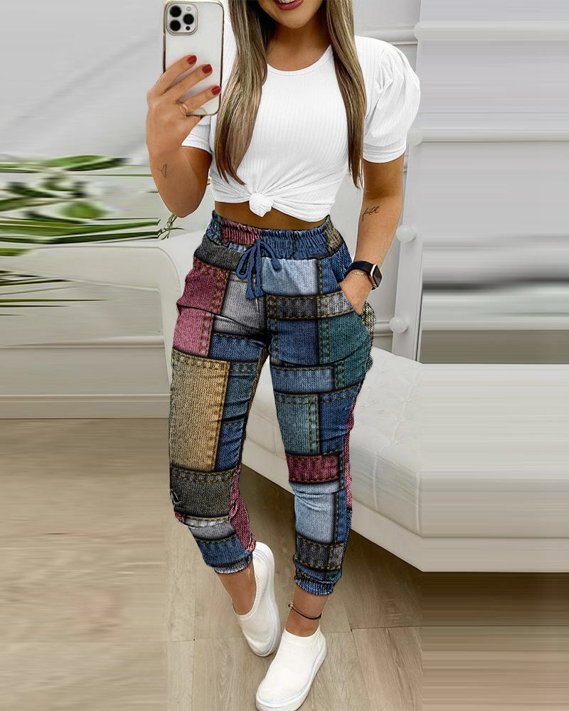 Women's Printed Drawstring Pants Two-Piece Set