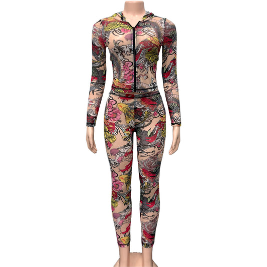 Women's Printed Hooded Top and Pants Two-Piece Set