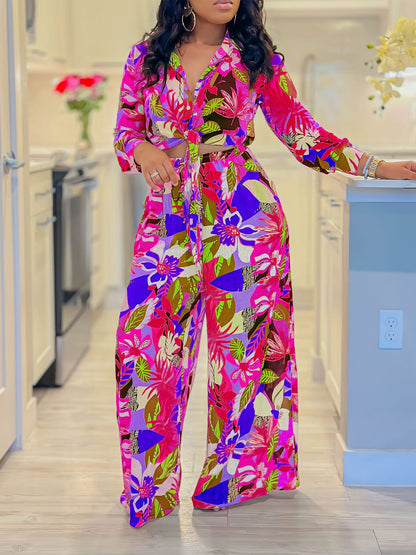 Women's Printed Lapel Tie Shirt