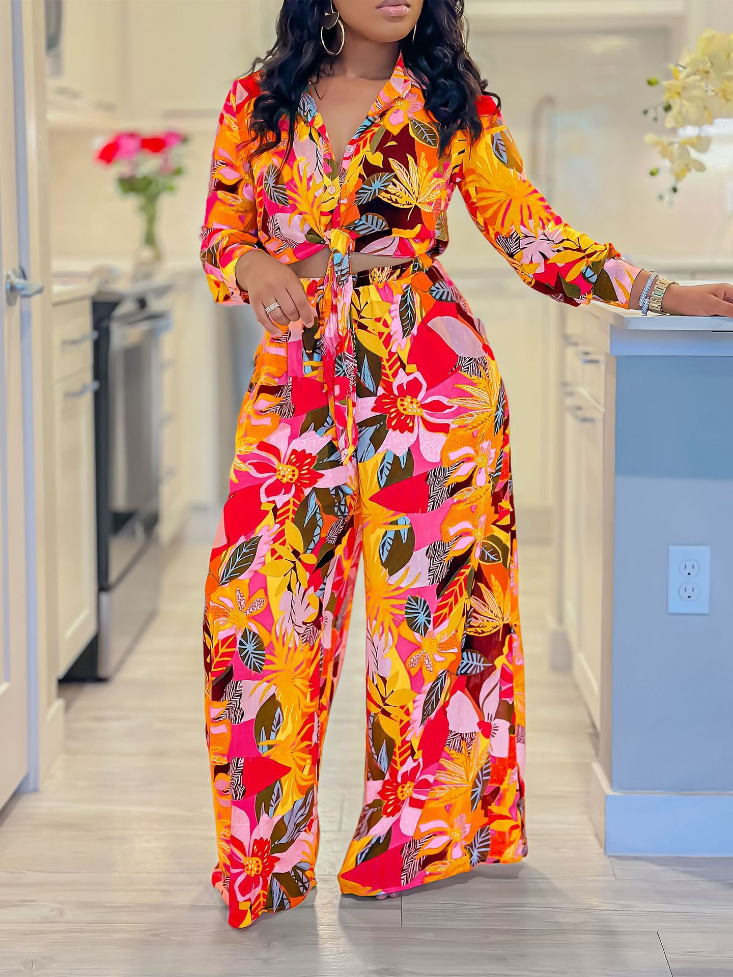 Women's Printed Lapel Tie Shirt