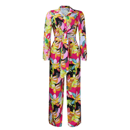 Women's Printed Lapel Tie Shirt