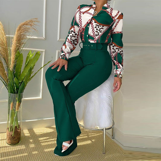 Women's Printed Long Sleeve Shirt and Wide Leg Pants Set