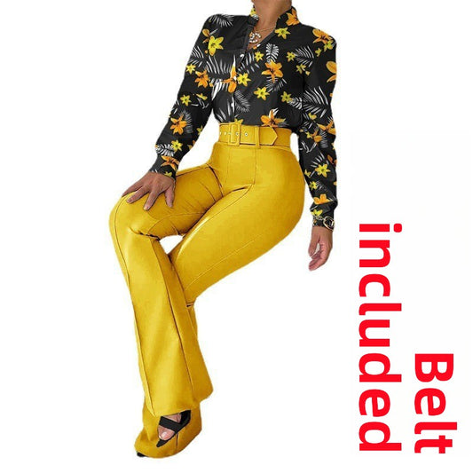 Women's Printed Long Sleeve Shirt and Wide Leg Pants Set