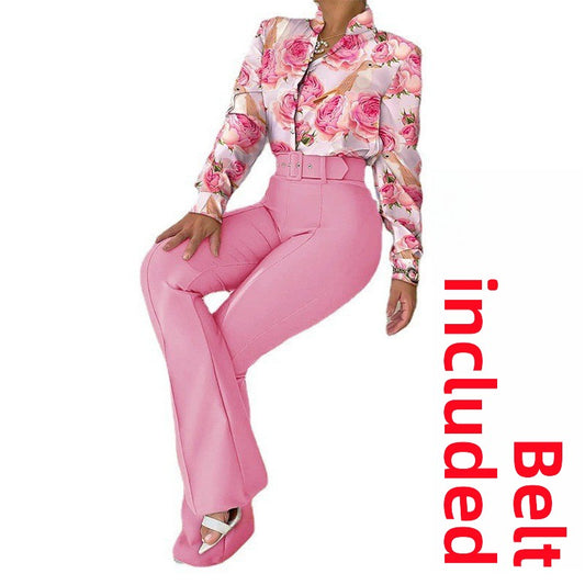 Women's Printed Long Sleeve Shirt and Wide Leg Pants Set