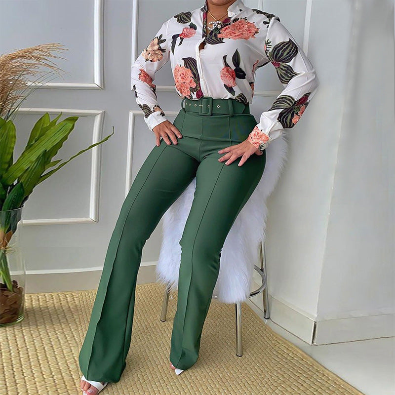 Women's Printed Long Sleeve Shirt and Wide Leg Pants Set